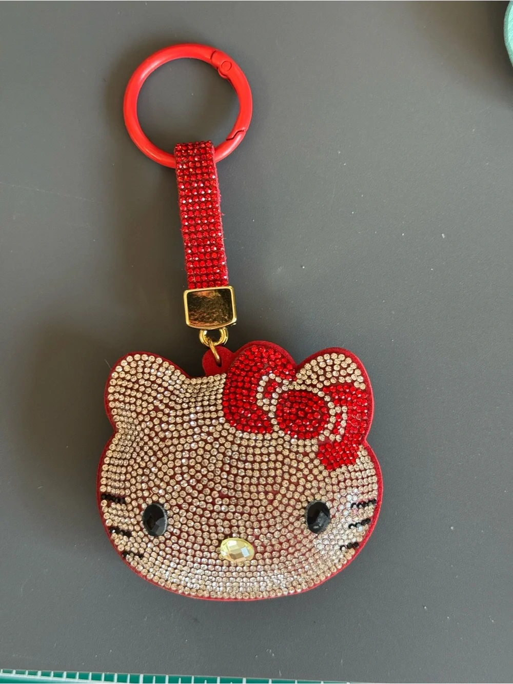 Rhinestone HK Kitty Character Face Keychain Bag Charm (Red Bow)